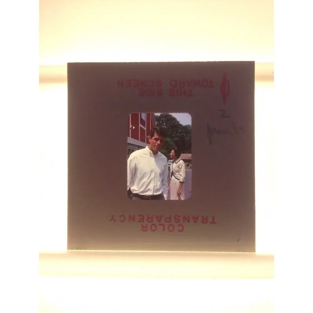 Vintage 1960s Man Woman Red Building Restaurant Photograph Color Slide